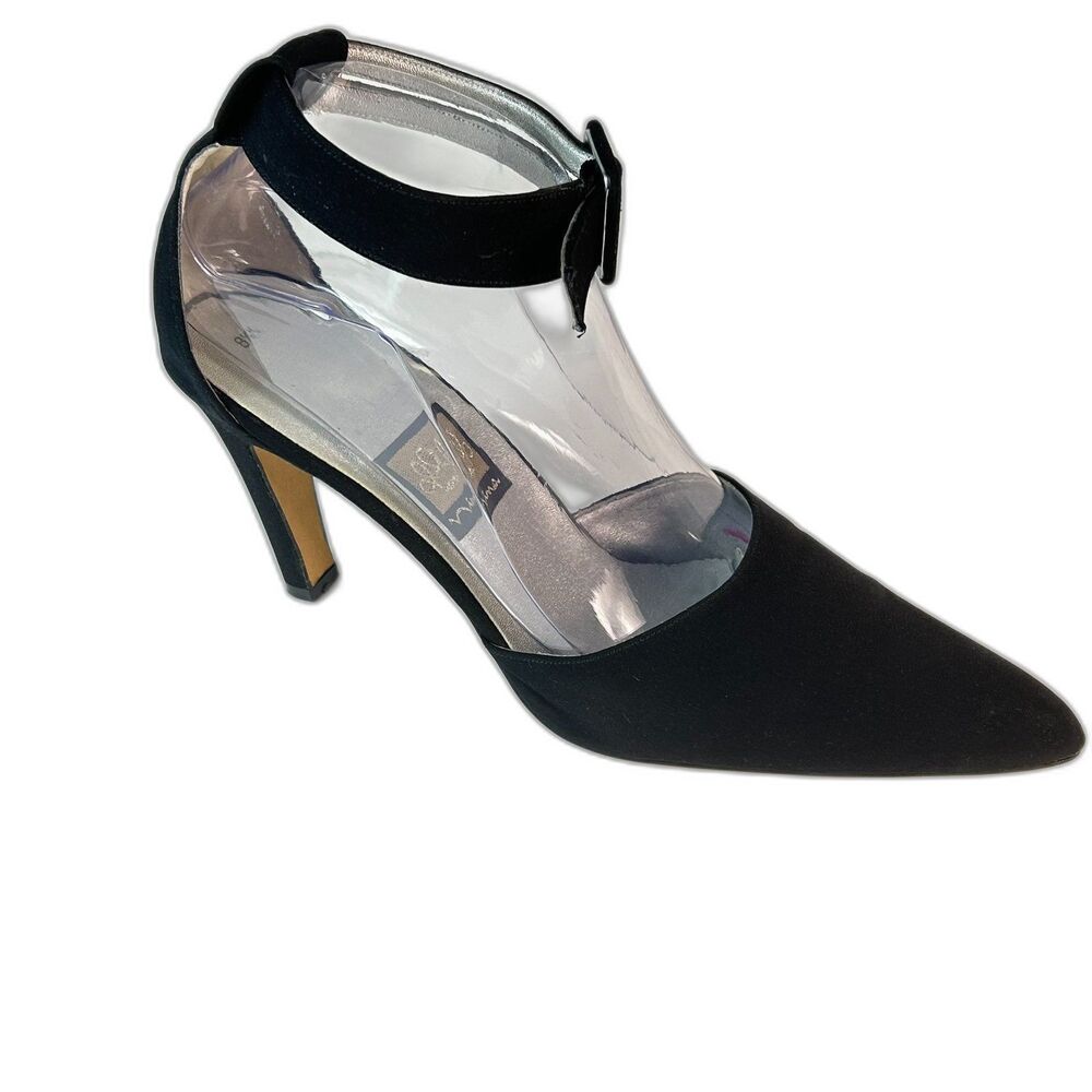 Nina Women's Black Fabric Pointed Toe Ankle Strap High Heels Size 8.5"